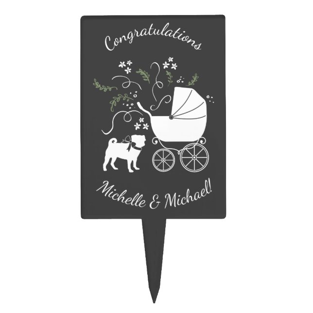 Pug Dog Baby Shower Theme Puppy Gender Neutral Cake Topper (Front)