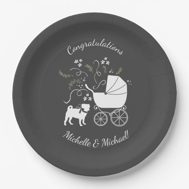 Pug Dog Baby Shower Theme Puppy Gender Neutral Paper Plates (Front)