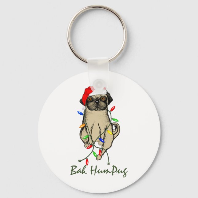 Pug Dog Bah Humpug Funny Christmas Keychain (Front)