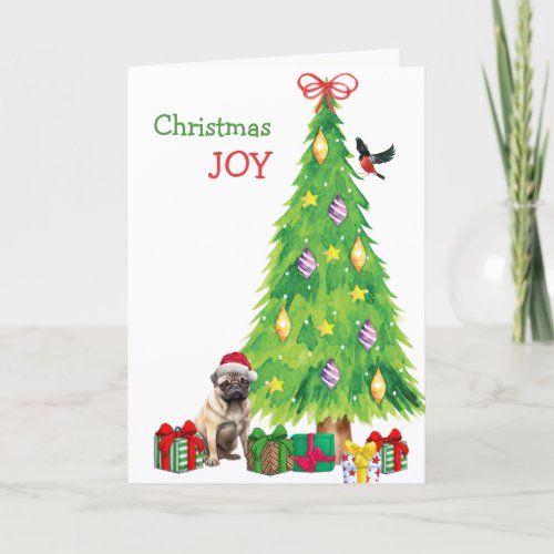 Pug Dog Bird and Christmas Tree Holiday Card