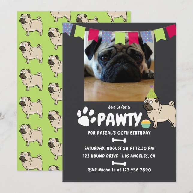 Pug Dog Birthday photo invitation (Front/Back)
