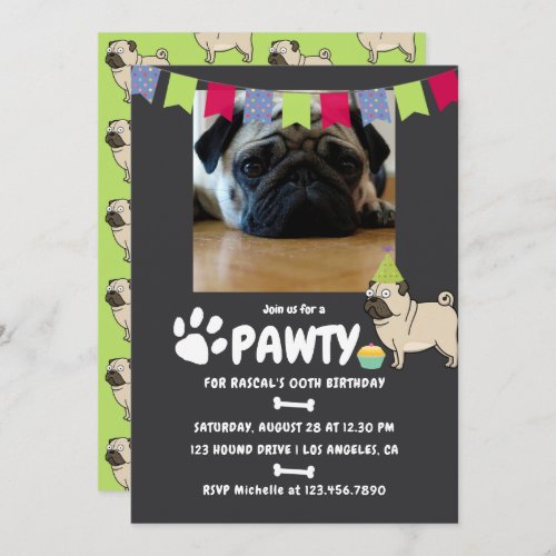 Pug Dog Birthday photo invitation