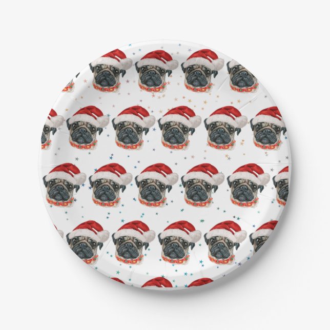 Pug Dog Breed Christmas Stars Paper Plates (Front)