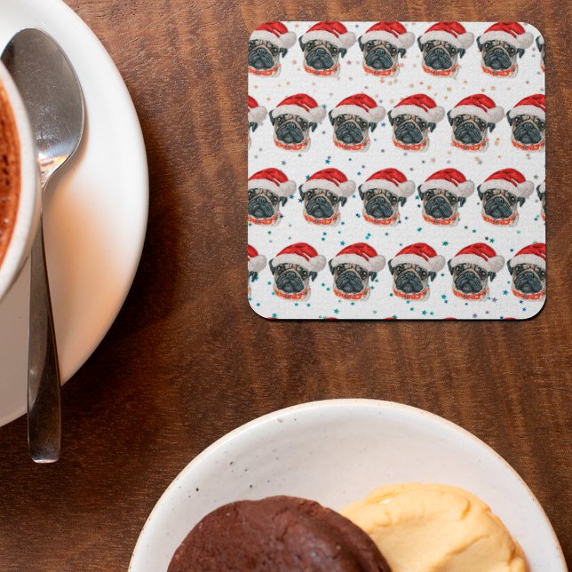 Pug Dog Breed Christmas Stars Square Paper Coaster (Creator Uploaded)