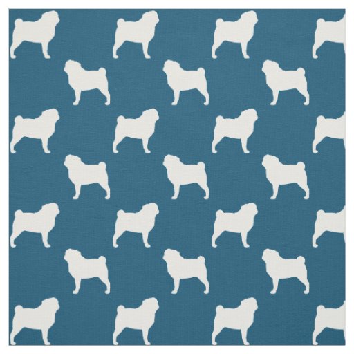 Pug Dog Breed Silhouettes Blue and White Patterned Fabric