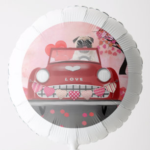 Pug Dog Car with Hearts Valentine's Balloon