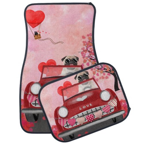 Pug Dog Car with Hearts Valentines   Car Floor Mat