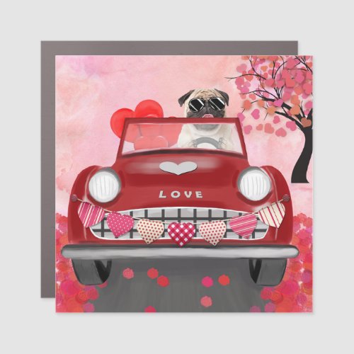 Pug Dog Car with Hearts Valentines  Car Magnet