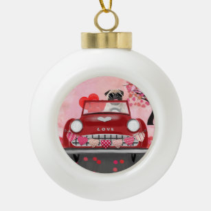 Pug Dog Car with Hearts Valentine's   Ceramic Ball Christmas Ornament