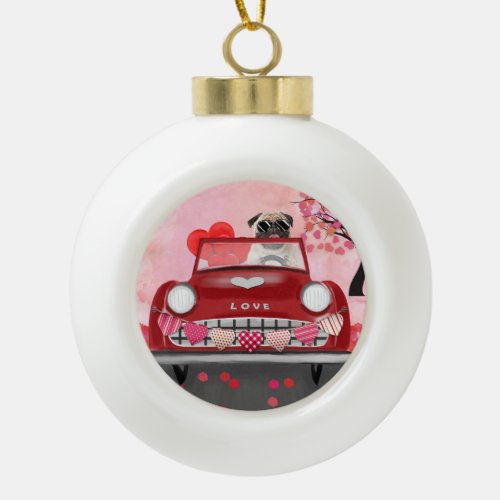 Pug Dog Car with Hearts Valentines   Ceramic Ball Christmas Ornament