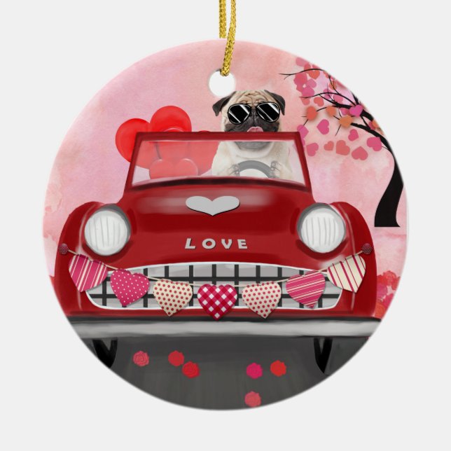 Pug Dog Car with Hearts Valentine's   Ceramic Ornament (Front)