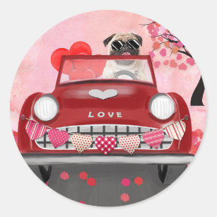 Pug Dog Car with Hearts Valentine's   Classic Round Sticker