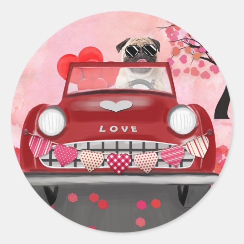 Pug Dog Car with Hearts Valentines   Classic Round Sticker
