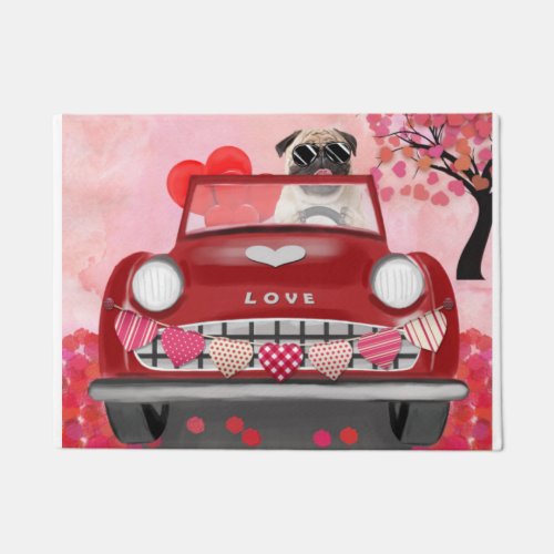 Pug Dog Car with Hearts Valentines   Doormat