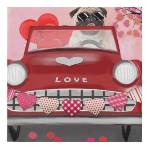 Pug Dog Car with Hearts Valentines   Faux Canvas Print