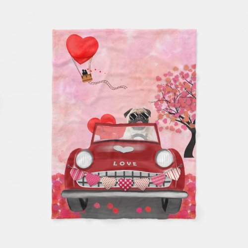 Pug Dog Car with Hearts Valentines  Fleece Blanket