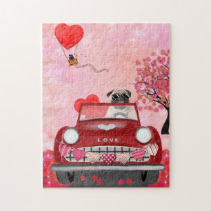 Pug Dog Car with Hearts Valentine's Jigsaw Puzzle