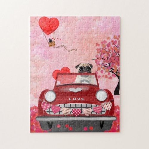 Pug Dog Car with Hearts Valentines   Jigsaw Puzzle