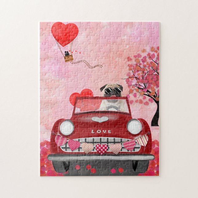 Pug Dog Car with Hearts Valentine's   Jigsaw Puzzle (Vertical)