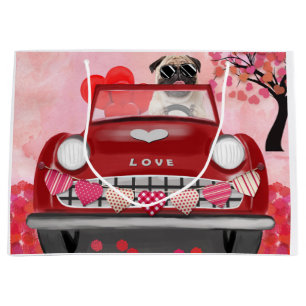Pug Dog Car with Hearts Valentine's Large Gift Bag
