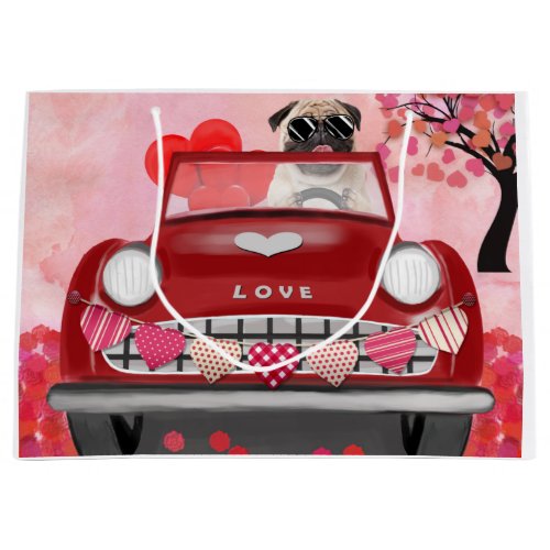 Pug Dog Car with Hearts Valentines   Large Gift Bag