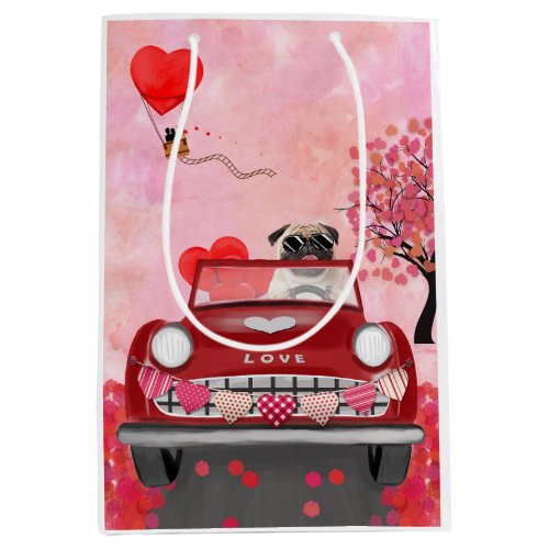 Pug Dog Car with Hearts Valentines  Medium Gift Bag