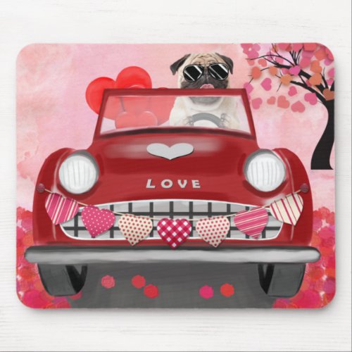 Pug Dog Car with Hearts Valentines   Mouse Pad