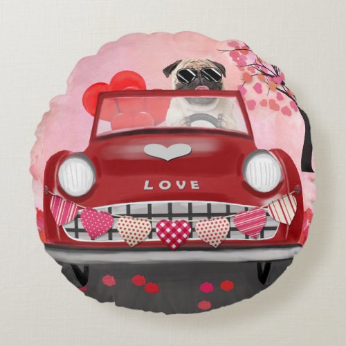 Pug Dog Car with Hearts Valentines  Round Pillow