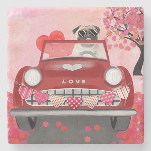 Pug Dog Car with Hearts Valentines   Stone Coaster