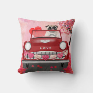 Pug Dog Car with Hearts Valentine's Throw Pillow