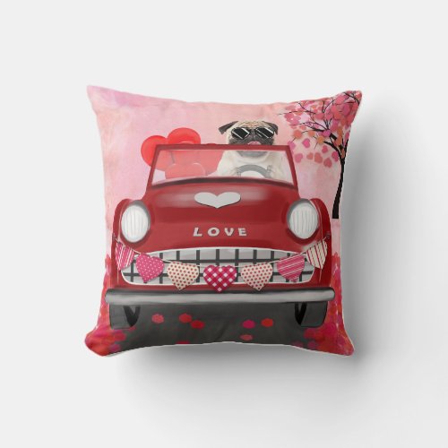 Pug Dog Car with Hearts Valentines  Throw Pillow