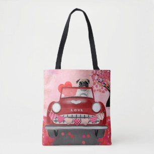Pug Dog Car with Hearts Valentine's Tote Bag