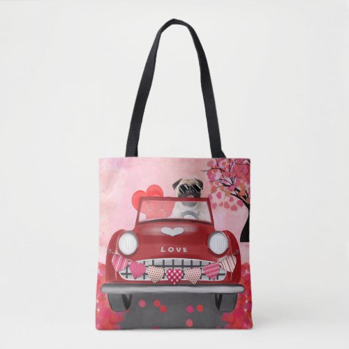 Pug Dog Car with Hearts Valentines   Tote Bag
