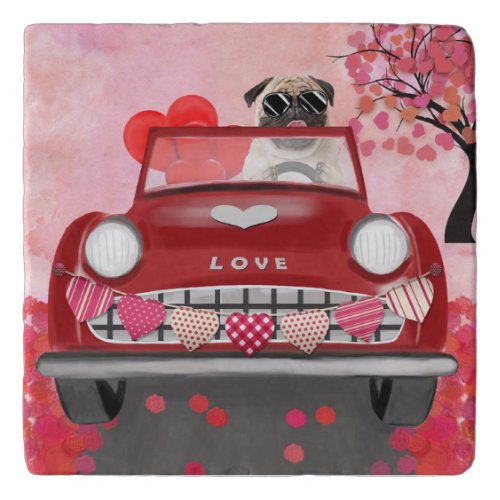 Pug Dog Car with Hearts Valentines   Trivet
