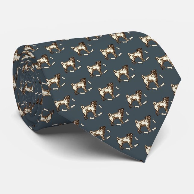 Pug Dog Charcoal Gray Neck Tie (Rolled)