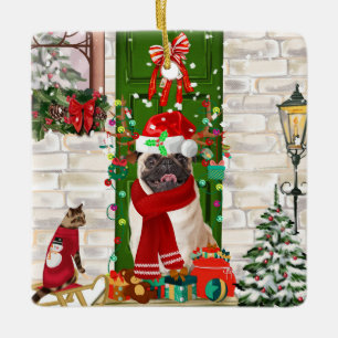 Pug Dog Christmas Ceramic Ornament