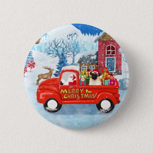 Pug Dog Christmas Delivery Truck Snow Button (Front)