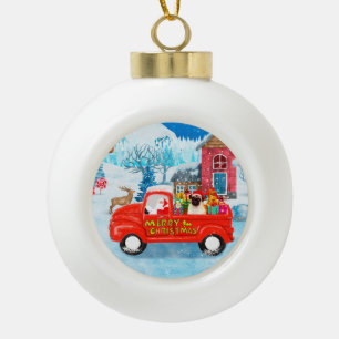 Pug Dog Christmas Delivery Truck Snow Ceramic Ball Christmas Ornament