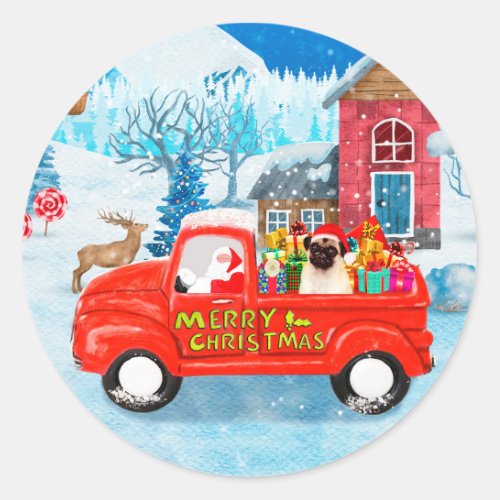 Pug Dog Christmas Delivery Truck Snow  Classic Round Sticker