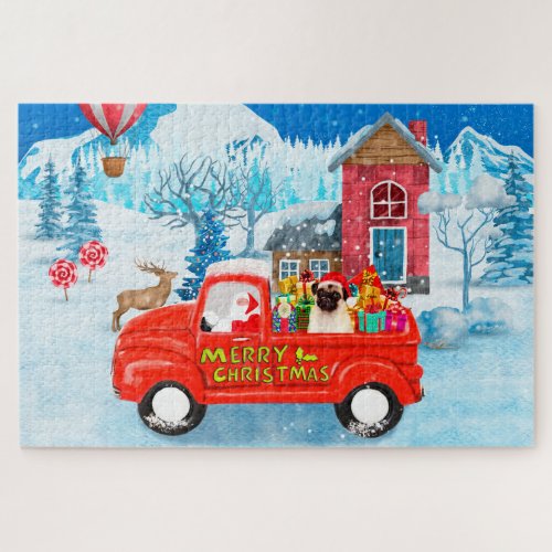 Pug Dog Christmas Delivery Truck Snow  Jigsaw Puzzle