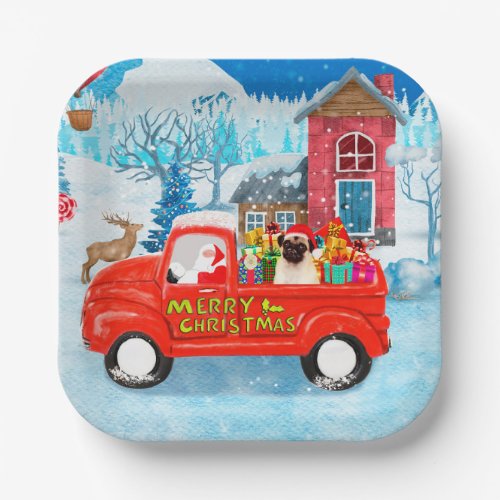 Pug Dog Christmas Delivery Truck Snow  Paper Plates