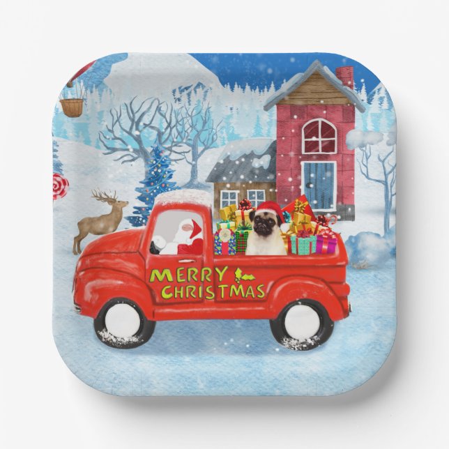 Pug Dog Christmas Delivery Truck Snow  Paper Plates (Front)