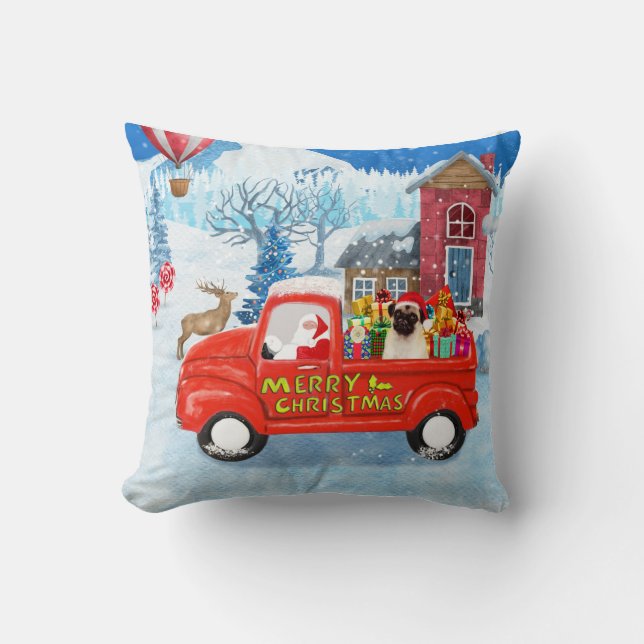Pug Dog Christmas Delivery Truck Snow Throw Pillow (Front)