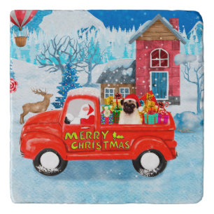 Pug Dog Christmas Delivery Truck Snow Trivet