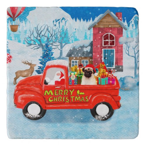 Pug Dog Christmas Delivery Truck Snow  Trivet