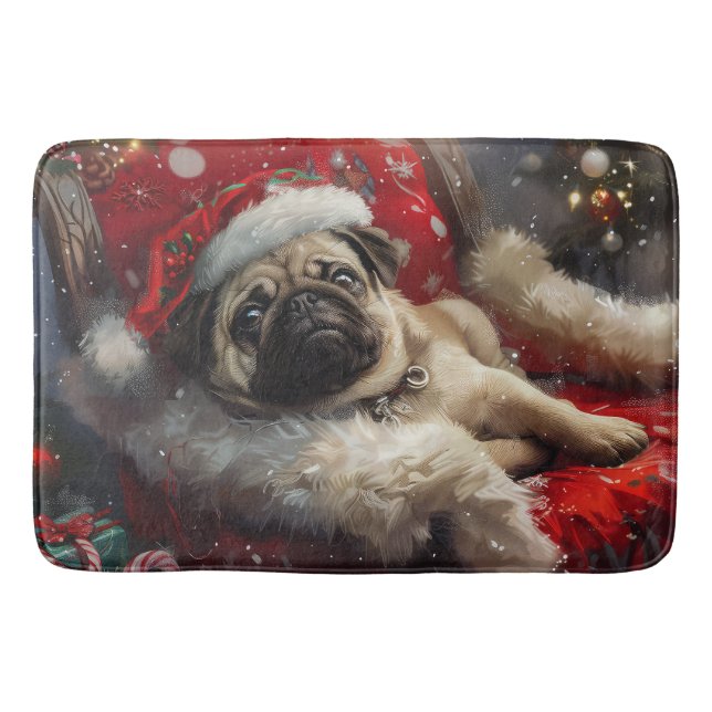 Pug Dog Christmas Festive Bath Mat (Front)