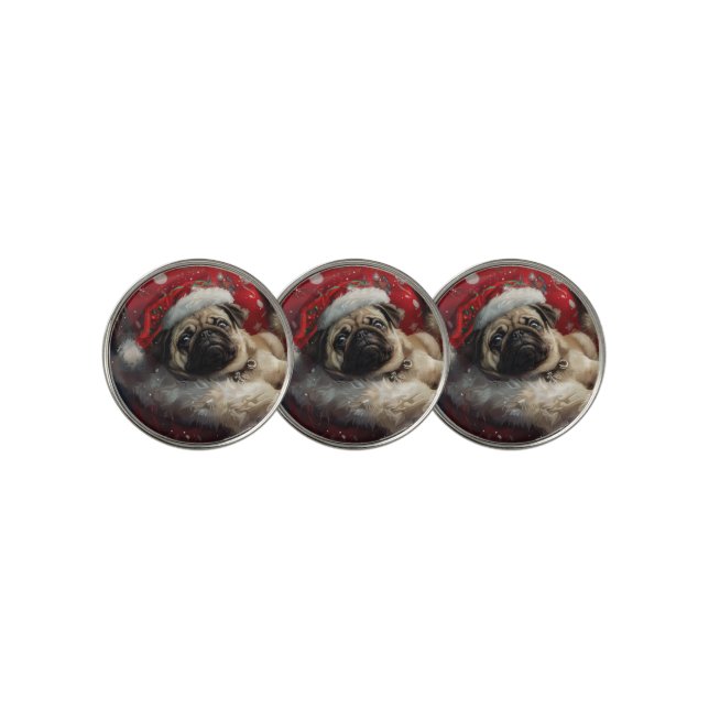 Pug Dog Christmas Festive Golf Ball Marker (3 Up)