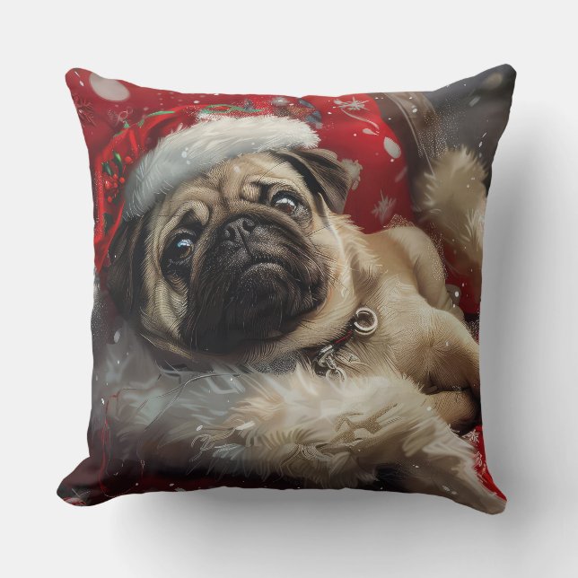 Pug Dog Christmas Festive Throw Pillow (Front)