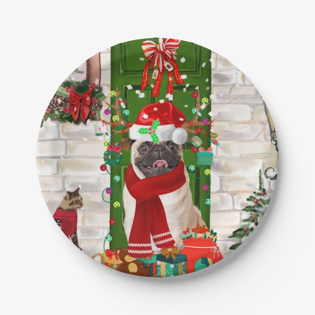 Pug Dog Christmas  Paper Plates (Front)