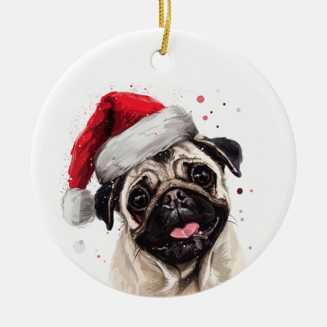 Pug Dog Christmas Personalized Ceramic Ornament (Front)
